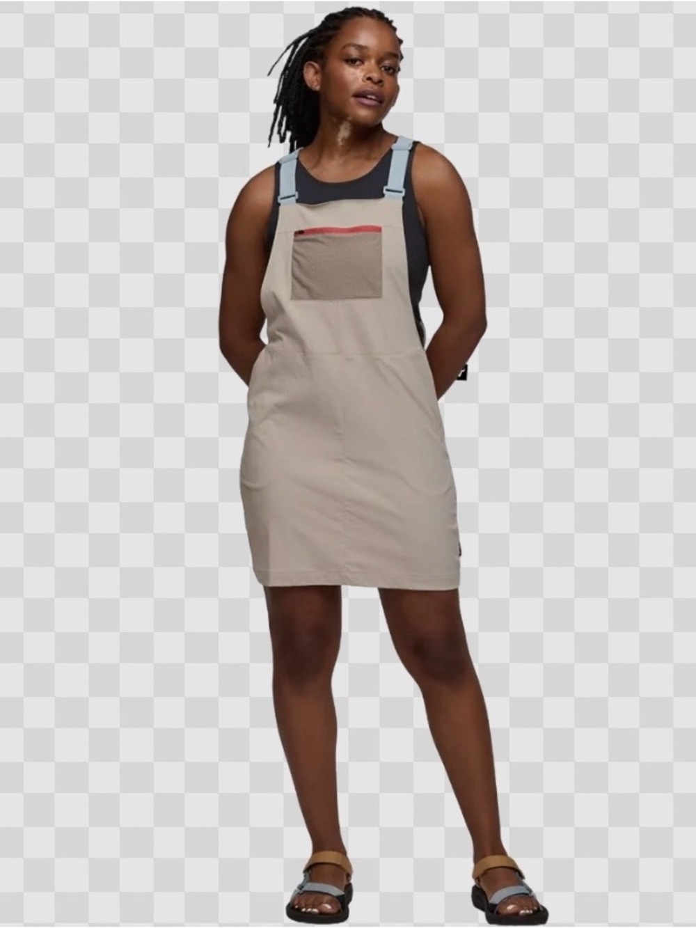 cotopaxi Beige Overall Dress with Light Blue Straps and Red Trim